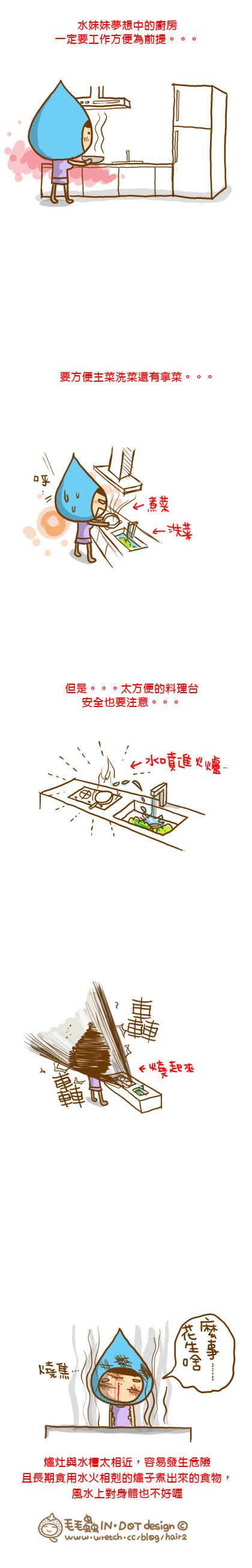 廚房為煮菜的地方，當然少不了水(水槽)與火(爐灶)，換