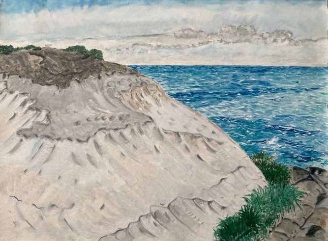 林銓居作品《砂岩與林投》。他以文人與農民的兩種詮釋身份,在當代藝術領域中獨樹一幟;作品內容涉及自身的成長背景,融合土地關係、自然媒材、農民經驗、文人文化與宗教覺知,創作形式不拘一格。圖片提供_蔚龍藝術。