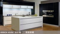 鋼烤門板的一字型高櫃加廚具，加中島設計。[52]