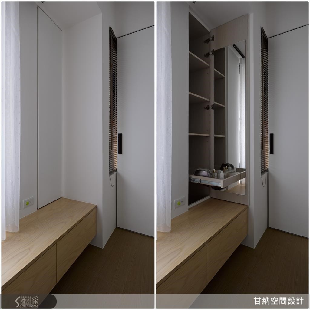 有限的空间中更需要善用屋内每一坪，设计师利用边角之处，细心增加了收纳空间，隔层的设计，再搭配上镜面，就像是隐藏式化妆台，如此细腻的手法，就像是空间魔法师，巧妙将小空间变化出更多的应用。