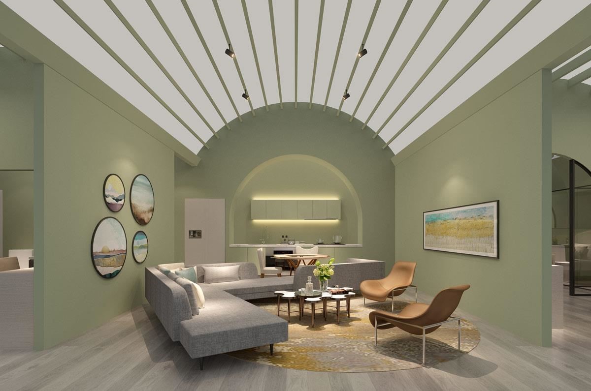 梁景华设计师大胆设计了斜型沙发，在小户型空间里，可扮演区隔空间的效果，降低隔间墙带来的封闭感。