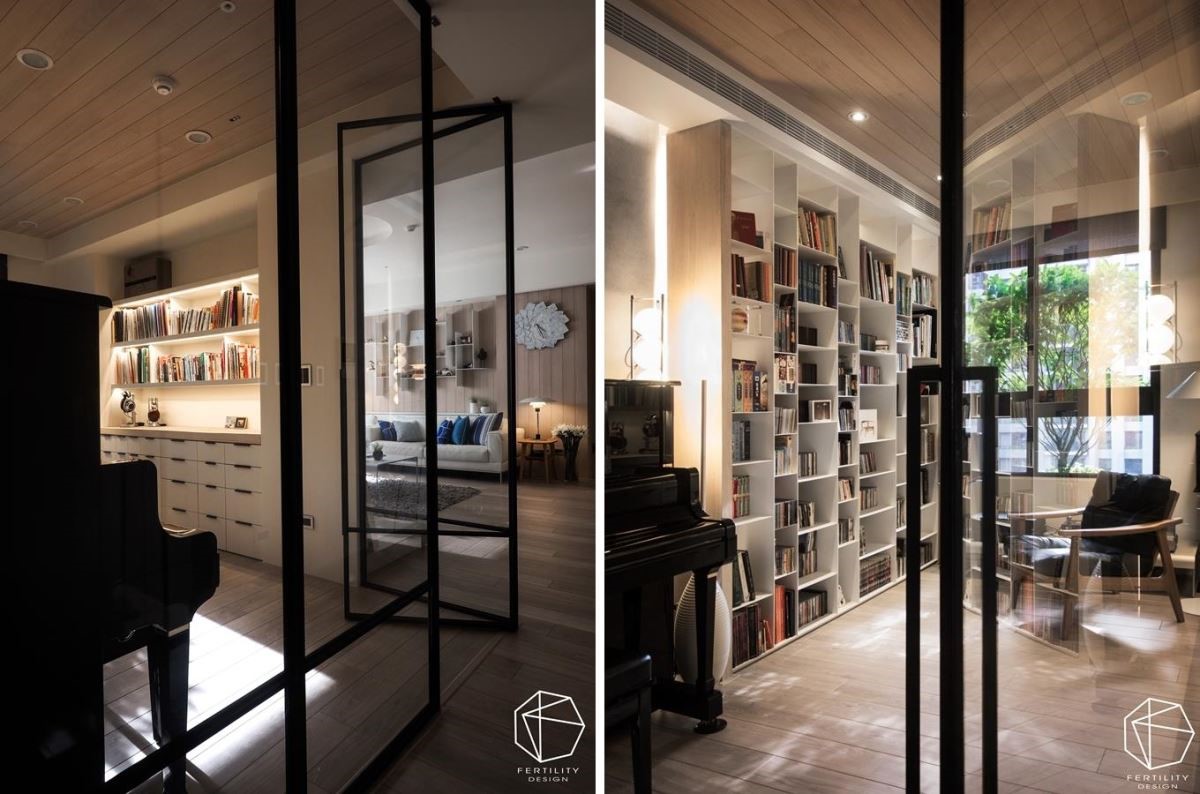 因应男主人要求，规划独立书房，内部安排可摆放 CD 与书籍的大容量书架。