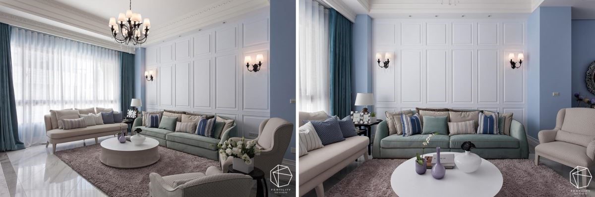 空间整体采用深浅有致的蓝紫色作为墙面主色，与白色线板相互搭配，形塑丰富层次感。