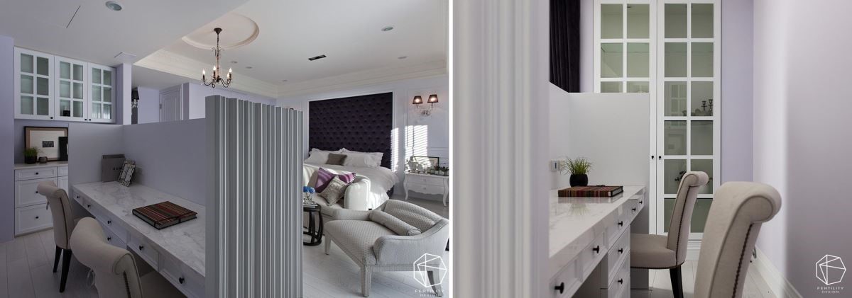 特地规画双人书桌，半高的隔断围塑出安静的阅读角落，让屋主可在房间享有不受干扰的宁静。