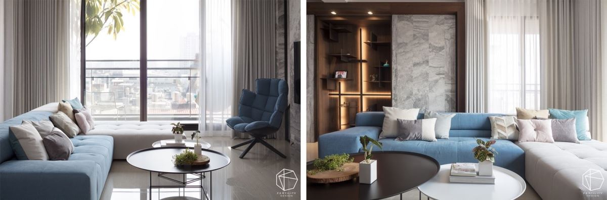 客厅运用色彩、材质营造宁静氛围，并给予适当留白，搭配深色的木皮、浅灰的砖材，让居家有了会呼吸的感受，屋主最爱坐在沙发上、看向天花板，是他在家最感无尽放松的时刻。