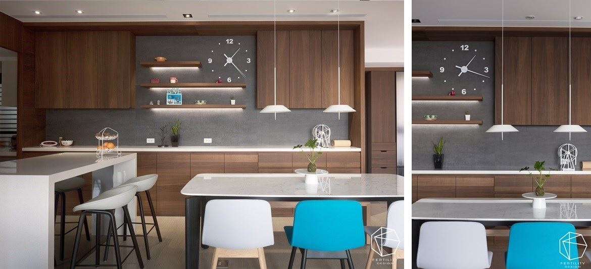 打造深具美感而兼具实用性的厨柜，加入二十多个抽屉，满足女主人的使用需求，并避免柜体过分浪费坪数，穿插吊柜、展示柜等形式，营造超充足的收纳空，且使用比较好的五金，更方便使用，让餐厨柜体成为美好的家中风景。