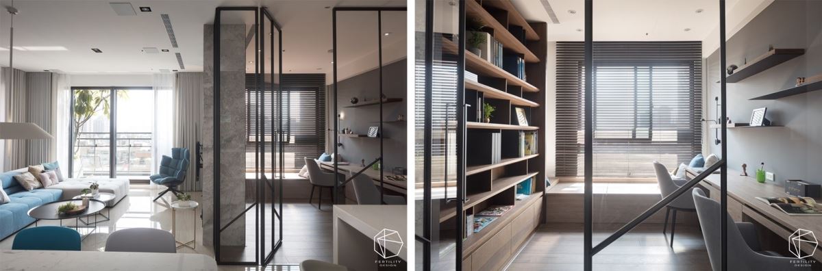 书房选用玻璃、铁件做隔间，并挹注简单的斜线语汇增加变化，同时运用建材特质让光线可互通、减少暗室情况，使整个空间延伸而放大，在光影透过书房窗帘筛落室内时，展现美好的空间底蕴。