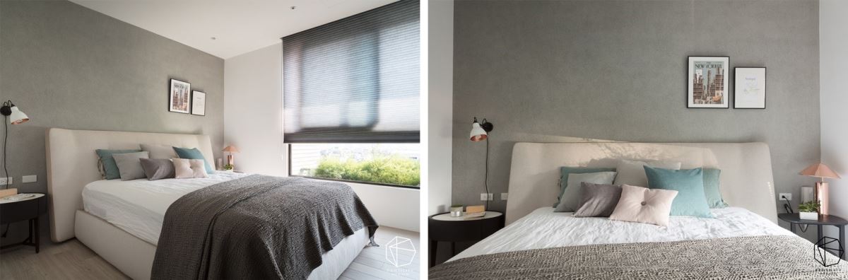 主卧内，于床头刷上仿清水模漆，还原生活的自然本质，营造纾压感受，且刻意减少固定式的家具，多一点生活展现的余裕。