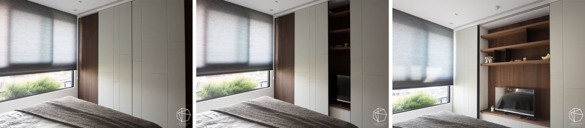 卧房将电视隐藏起来，运用四片门同时收整电视柜、衣柜、走道等机能，并善用木皮混搭皮革，让色块不致太重，看起来具有完整平均的对称感。