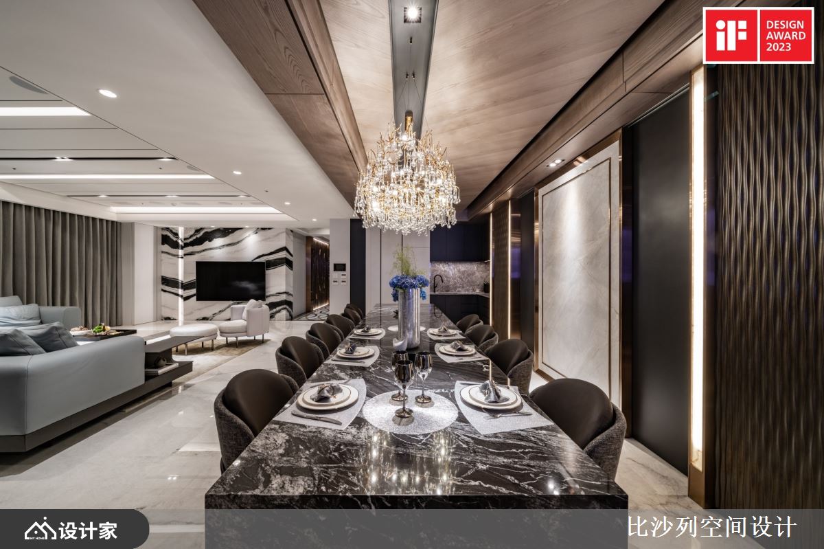 公领域的大面餐桌，以石材奠定磅礴气势。