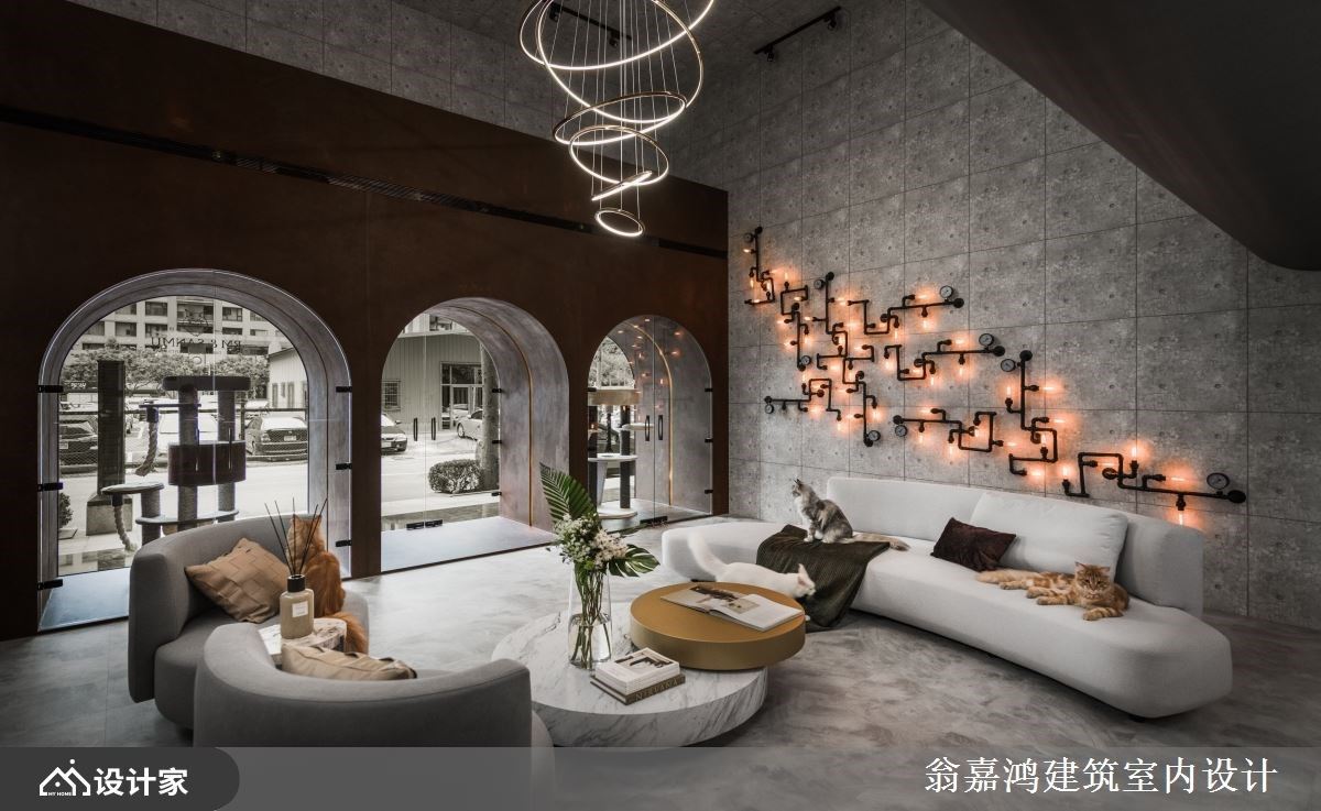 高雅现代风的门店设计，拱门、开放空间、造型吧台让人与猫更好交流
